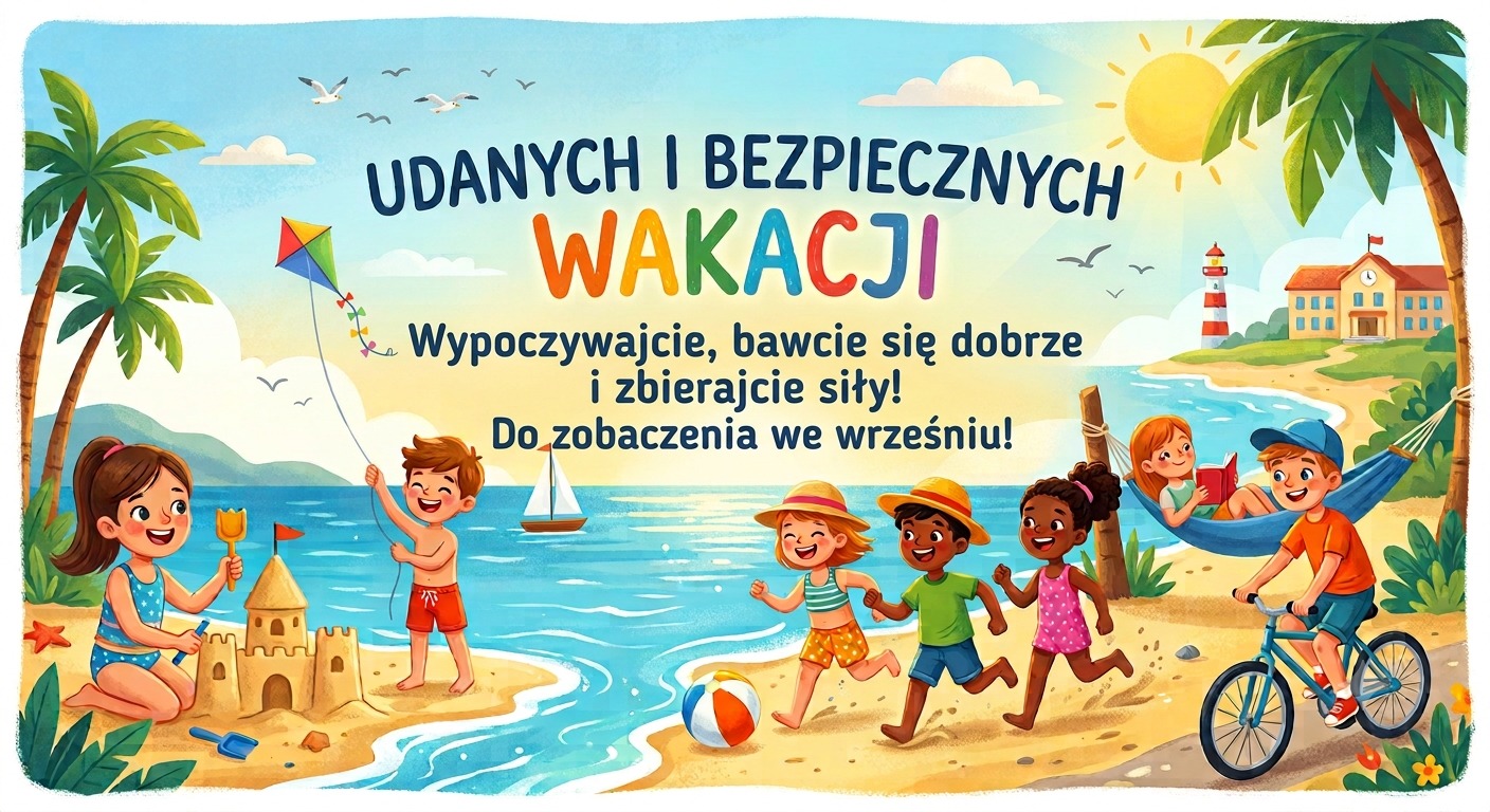 Wakacje 2026 Kolorowa grafika wakacyjna dla uczniów przedstawiająca dzieci bawiące się na plaży oraz życzenia: Udanych i bezpiecznych wakacji. Wypoczywajcie, bawcie się dobrze i zbierajcie siły! Do zobaczenia we wrześniu!