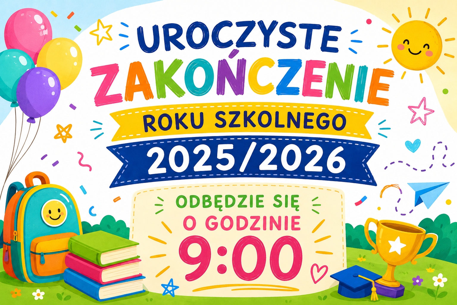 Uroczyste zakończenie roku szkolnego 2025/2026 Kolorowy, radosny plakat informuje o uroczystym zakończeniu roku szkolnego 2025/2026. Główna treść plakatu brzmi: „Uroczyste zakończenie roku szkolnego 2025/2026 odbędzie się o godzinie 9:00”. Wokół tekstu znajdują się elementy kojarzące się ze szkołą i świętowaniem: balony, plecak, książki, uśmiechnięte słońce, puchar, biret, papierowy samolot, gwiazdki, konfetti i kwiaty. Grafika ma jasny, dziecięcy i pozytywny charakter.