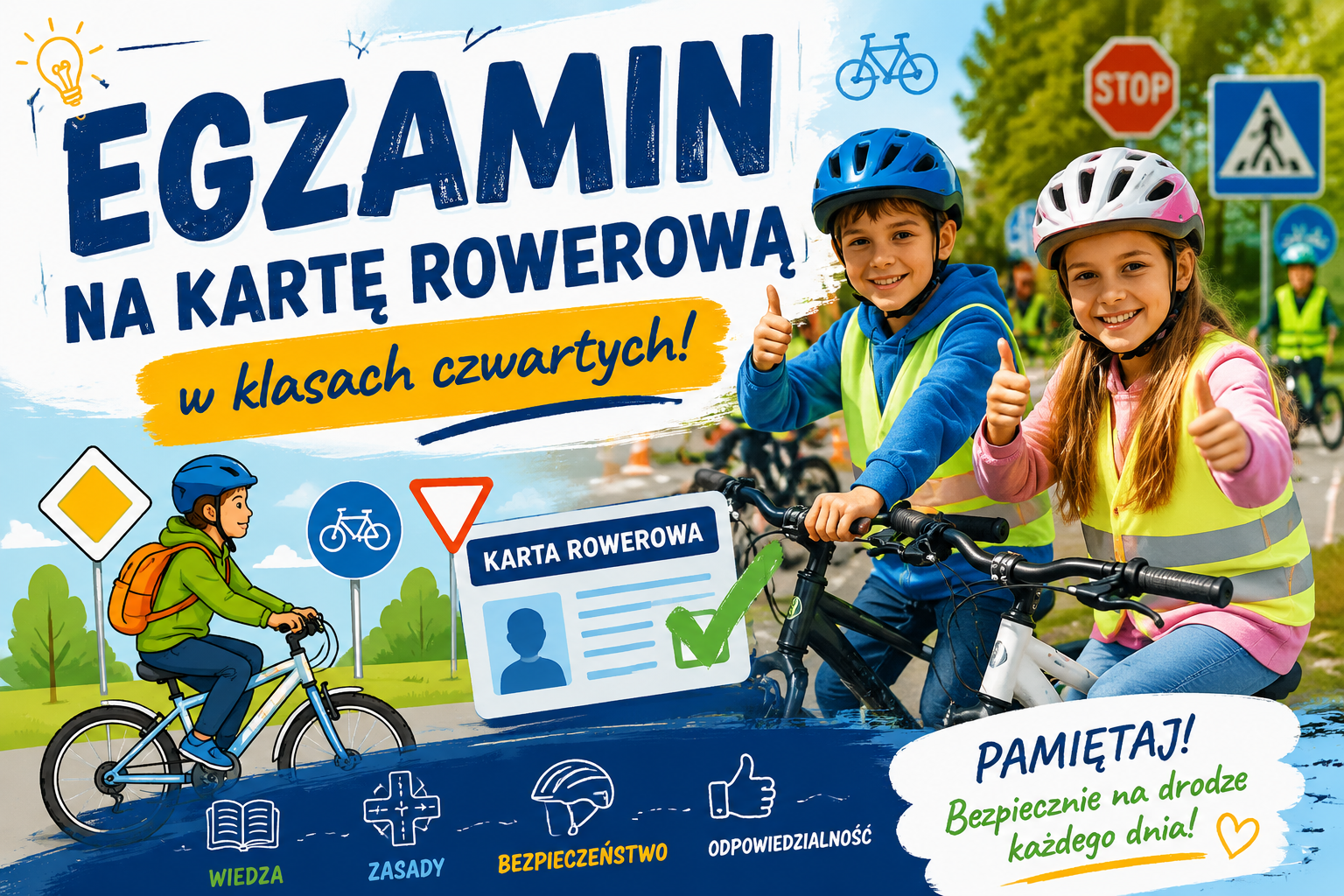 Egzamin na kartę rowerową w klasach czwartych Kolorowa grafika informująca o egzaminie na kartę rowerową w klasach czwartych. Po prawej stronie widoczne są uśmiechnięte dzieci na rowerach w kaskach i kamizelkach odblaskowych. W tle znajdują się znaki drogowe, rowerzyści i elementy związane z bezpieczeństwem na drodze. Na grafice umieszczono hasła: „Wiedza”, „Zasady”, „Bezpieczeństwo”, „Odpowiedzialność” oraz przypomnienie: „Pamiętaj! Bezpiecznie na drodze każdego dnia”.