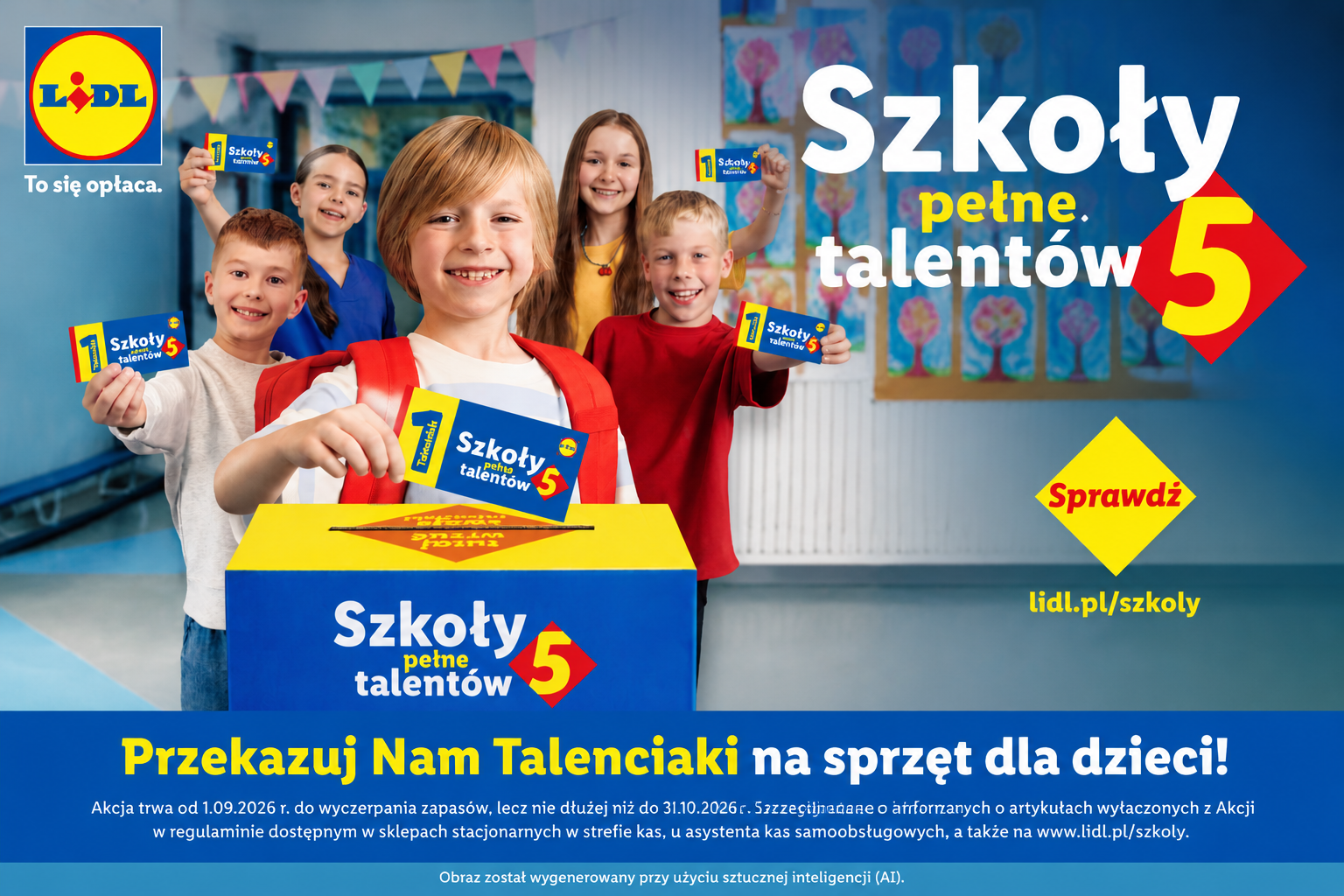 Baner promujący akcję „Szkoły pełne talentów 5”. W klasie szkolnej pięcioro uśmiechniętych dzieci prezentuje karty Talenciaków i niebiesko-żółte pudełko na ich zbieranie. Na grafice widoczne są logotyp Lidl oraz hasło: „Przekazuj Nam Talenciaki na sprzęt dla dzieci!”. Podano adres lidl.pl/szkoly oraz informację, że obraz został wygenerowany przy użyciu sztucznej inteligencji (AI).
