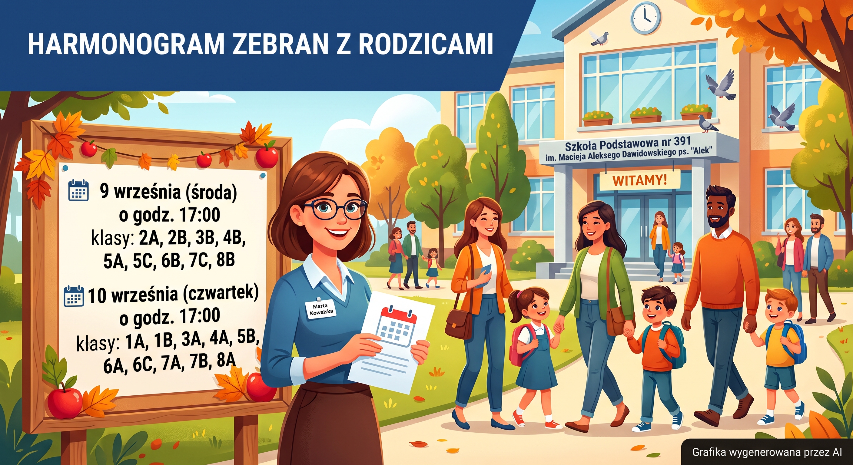 Kolorowa grafika w stylu ilustracyjnym przedstawiająca plac przed budynkiem Szkoły Podstawowej nr 391 im. Macieja Aleksego Dawidowskiego ps. "Alek". W tle widać rodziców idących z dziećmi do szkoły. Na pierwszym planie po prawej stronie stoi uśmiechnięta nauczycielka w okularach trzymająca kartkę z ikoną kalendarza. W lewej części grafiki znajduje się duża tablica ogłoszeniowa otoczona jesiennymi liśćmi, na której umieszczono treść harmonogramu: 9 września (środa) o godz. 17:00 – klasy: 2A, 2B, 3B, 4B, 5A, 5C, 6B, 7C, 8B 10 września (czwartek) o godz. 17:00 – klasy: 1A, 1B, 3A, 4A, 5B, 6A, 6C, 7A, 7B, 8A U góry grafiki widnieje nagłówek: HARMONOGRAM ZEBRAN Z RODZICAMI. W prawym dolnym rogu znajduje się czarny pasek z napisem informacyjnym: Grafika wygenerowana przez AI.