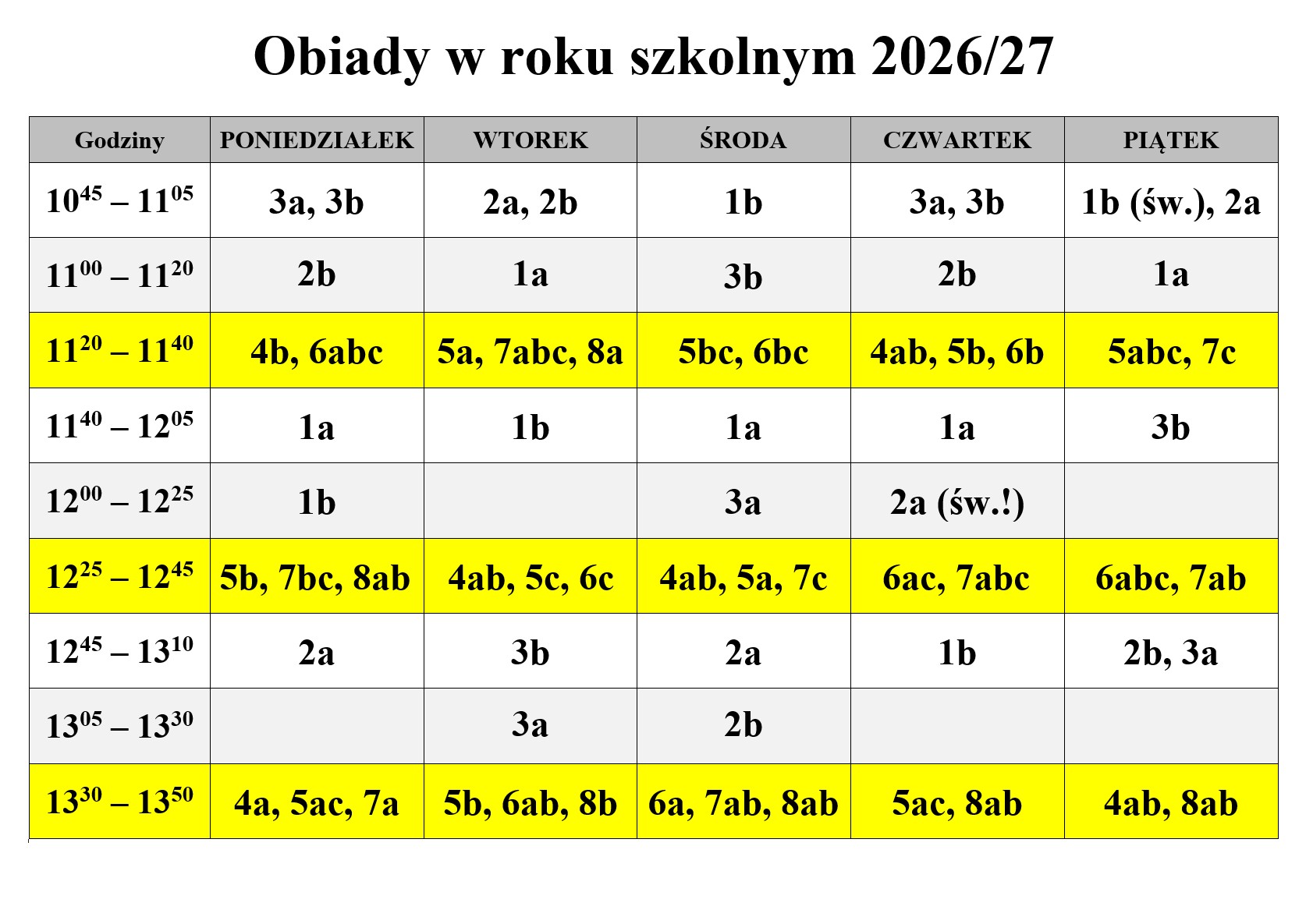 Harmonogram wydawania obiadów w roku szkolnym 2026/2027